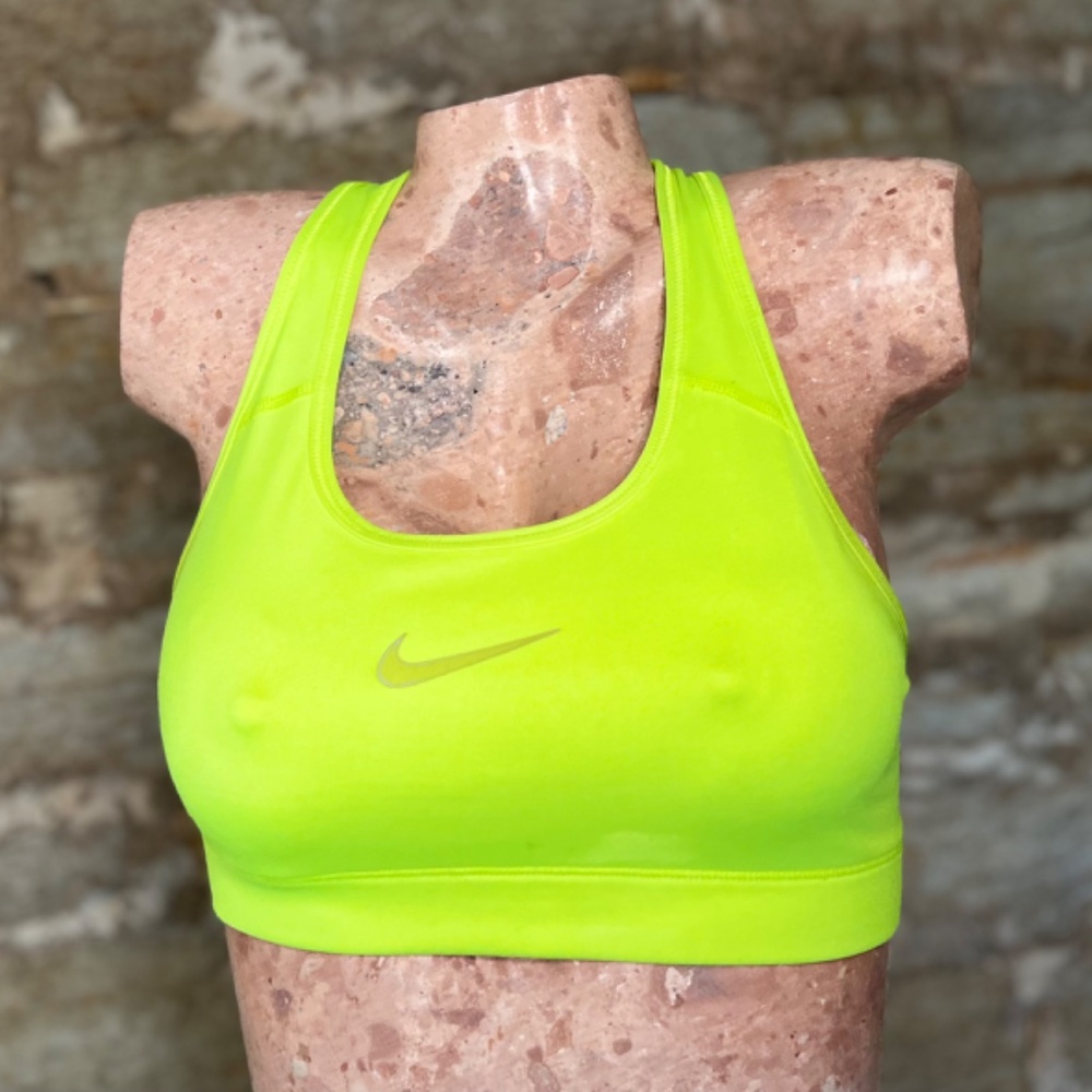 Nike MEDIUM Pro Dri-Fit Womens Neon Yellow Center Swoosh Racerback Sports Bra - Picture 3 of 3